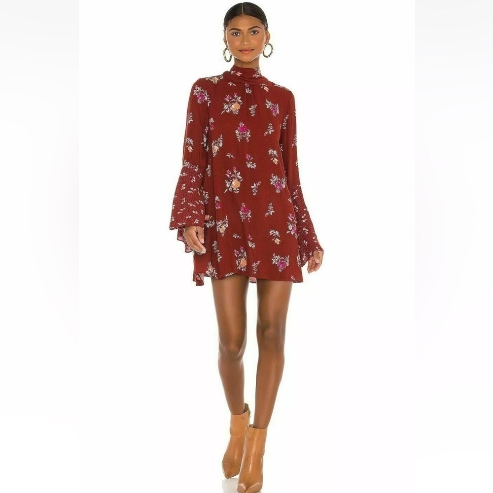 NWT FREE PEOPLE Burgundy Floral Long Bell Sleeve Tie Back Mini Dress Size Small - Picture 3 of 6